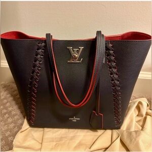 Louis Vuitton Lockme Cabas Grained Calf Leather Tote Bag In Navy Blue/Red